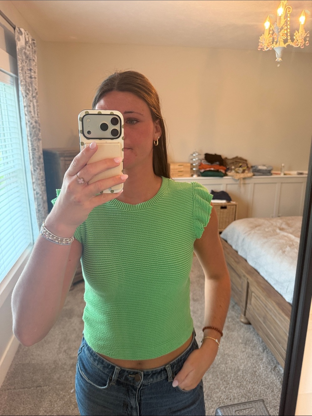 Moa Moa Lime Green Knit Cropped Ruffle Sleeve Top